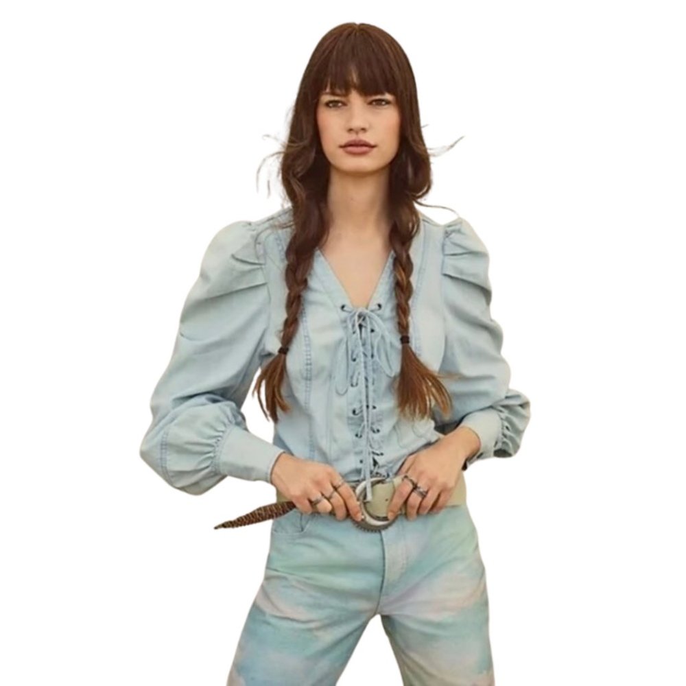 FREE PEOPLE CORSET LIGHT DENIM WOMEN LONG SLEEVE BLOUSE SIZE SMALL NEW